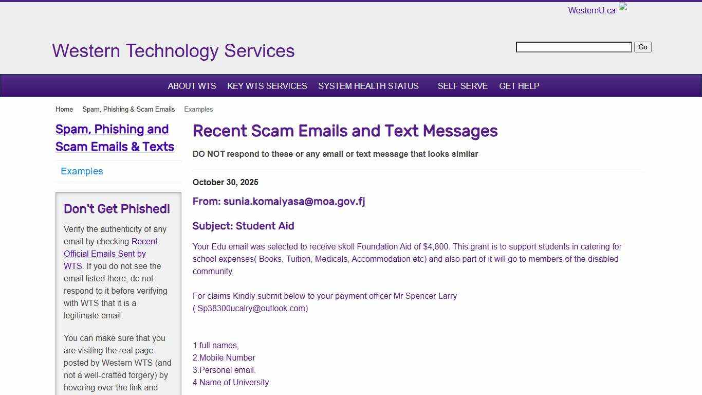 Phishing Scam Email Examples - Western Technology Services - Western University